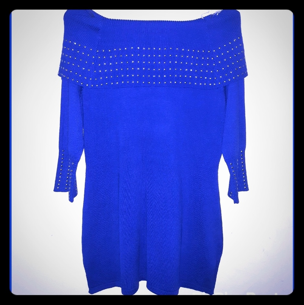 Questions Blue swoop neck sweater.